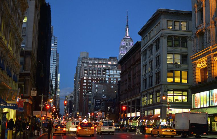 View at night of Avenue of the Americas in Chelsea.
