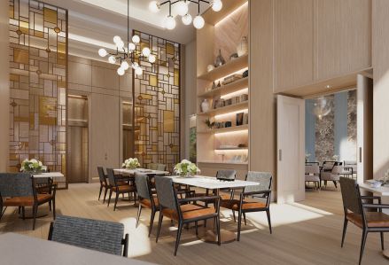 Champlimaud Design used wood paneling to bring a hospitality feel to the Apsley, a new senior living development on West 85th Street and Broadway.