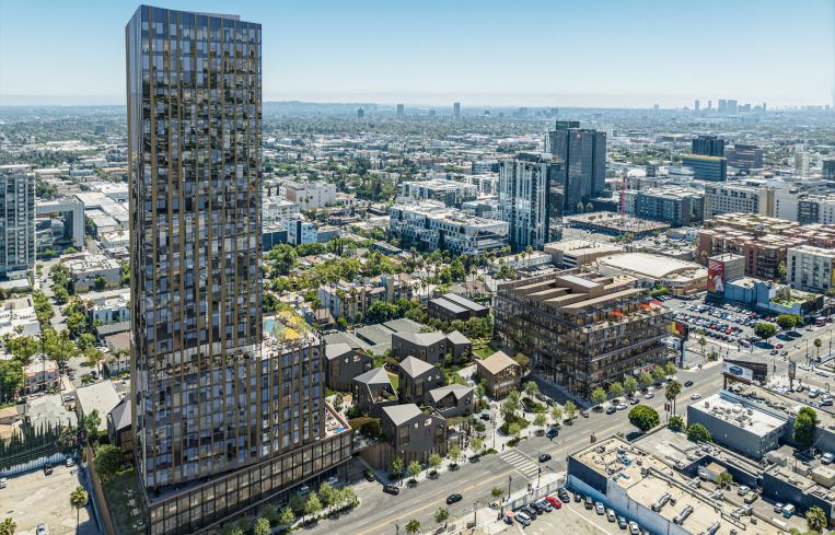 The plan at 6000 Hollywood Boulevard includes adding a 35-story multifamily tower to the district’s skyline, along with a six-story office building and a series of low-rise residential townhome structures near the east end of the Hollywood Walk of Fame.
