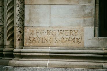 Close-up of inscription on the Bowery Savings Bank building on 42nd Street in Manhattan, New York City. New York, declared a New York City landmark in 1996, September 15, 2017.
