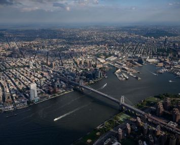 An aerial general view shows the Williamsburg Bridge leading into Brooklyn.