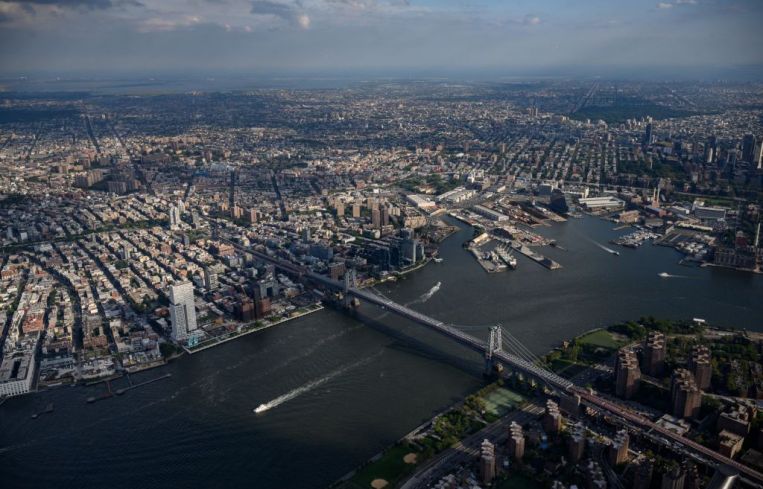 An aerial general view shows the Williamsburg Bridge leading into Brooklyn.