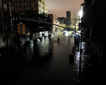 A general view of submerged cars on Ave. C and 7th st, after severe flooding caused by Hurricane Sandy, on Oct. 29, 2012 in Manhattan, New York.
