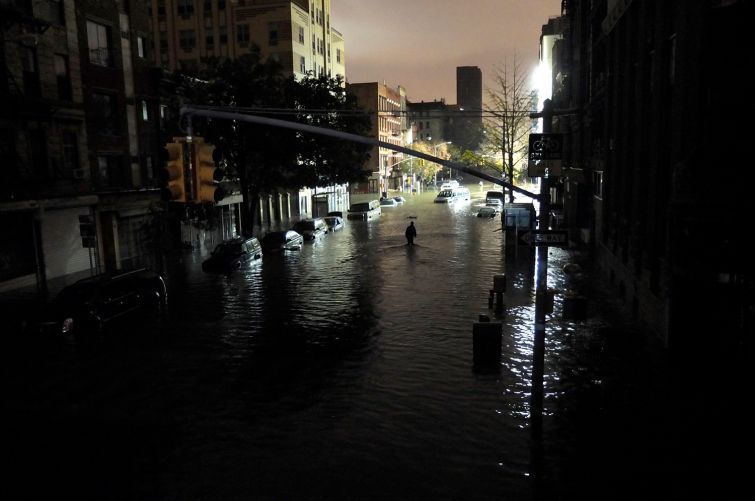 A general view of submerged cars on Ave. C and 7th st, after severe flooding caused by Hurricane Sandy, on Oct. 29, 2012 in Manhattan, New York.