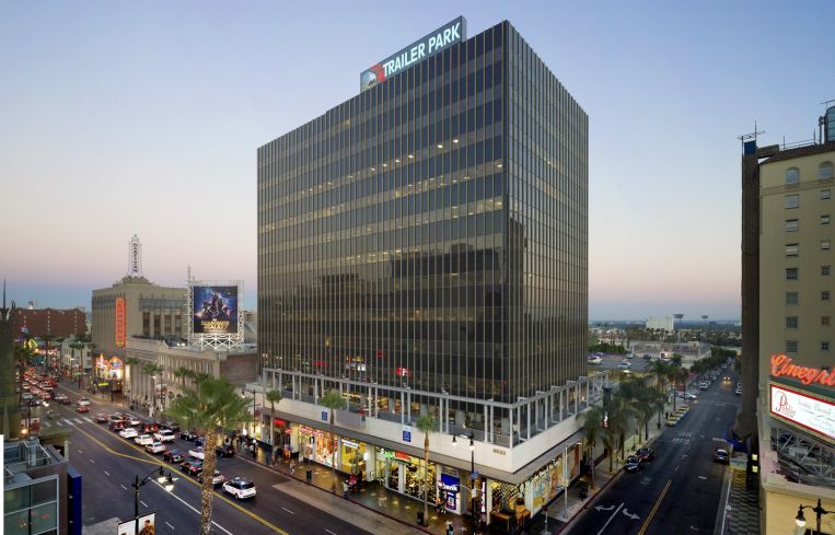 The office building at 6922 Hollywood Boulevard is known for the Trailer Park logo on top signifying Trailer Park Group’s 103,000-square-foot lease.