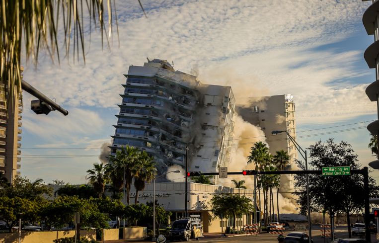 A photo of a hotel being demolished.