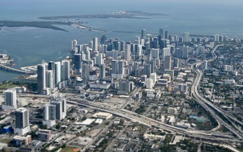 An aerial view shows downtown Miami, Florida.
