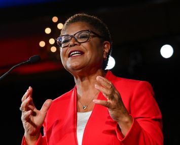 Rep. Karen Bass speaks during an election night party with the Los Angeles County Democratic Party at the Hollywood Palladium in Los Angeles.