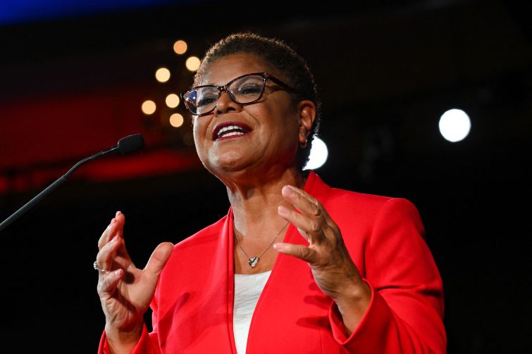 Rep. Karen Bass speaks during an election night party with the Los Angeles County Democratic Party at the Hollywood Palladium in Los Angeles.