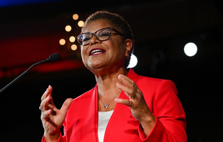 Rep. Karen Bass speaks during an election night party with the Los Angeles County Democratic Party at the Hollywood Palladium in Los Angeles.