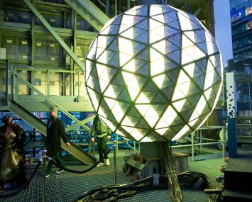 Workers prepare the New Year's Eve ball drop in New York's Times Square on Dec. 30, 2021.