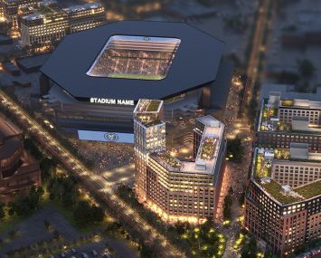 A rendering of the proposed NYCFC stadium and development in Willets Point, Queens.