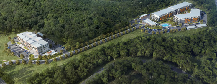 An aerial rendering for the planned Seacoast Residences project in  Kitterly, Maine scheduled to open in early 2024. 