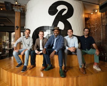 From left to right: Eric Ottaway, the CEO of Brooklyn Brewery; Nathaniel Mallon, managing partner of Verada; Garrett Oliver, Brooklyn Brewery's brewmaster, Brendan Thrapp, managing partner of Verada and Robin Ottaway, the President of Brooklyn Brewery.