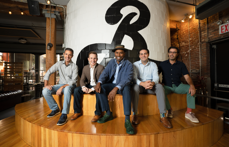 From left to right: Eric Ottaway, the CEO of Brooklyn Brewery; Nathaniel Mallon, managing partner of Verada; Garrett Oliver, Brooklyn Brewery's brewmaster, Brendan Thrapp, managing partner of Verada and Robin Ottaway, the President of Brooklyn Brewery.