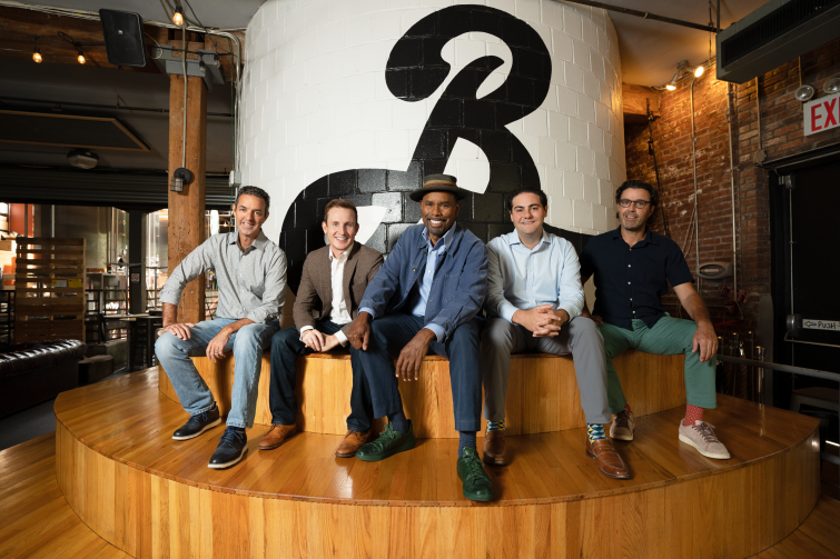 From left to right: Eric Ottaway, the CEO of Brooklyn Brewery; Nathaniel Mallon, managing partner of Verada; Garrett Oliver, Brooklyn Brewery's brewmaster, Brendan Thrapp, managing partner of Verada and Robin Ottaway, the President of Brooklyn Brewery.