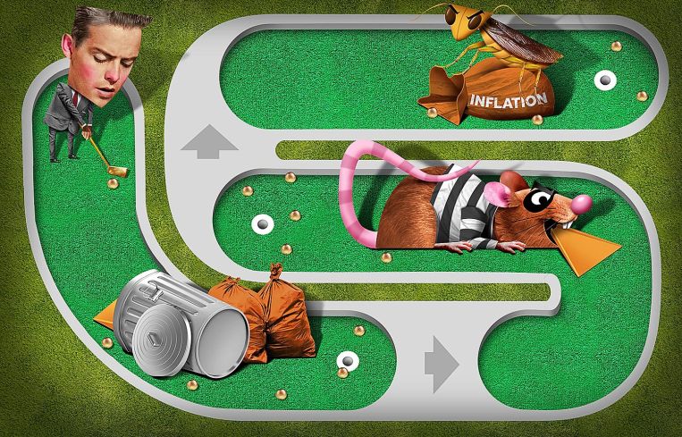 A broker playing minigolf with obstacles in the way.
