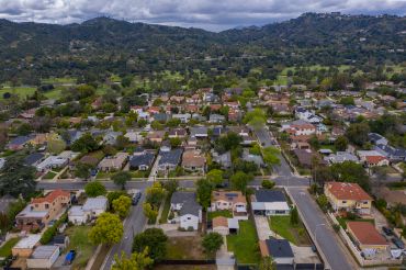 An aerial view shows a residential neighborhood in Pasadena, California.