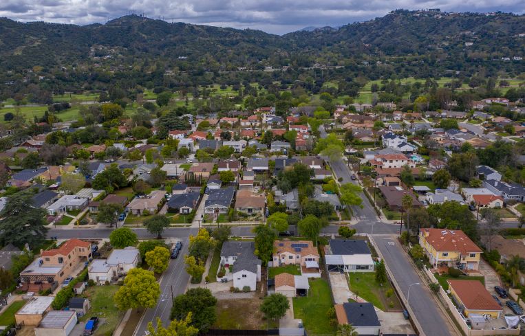 An aerial view shows a residential neighborhood in Pasadena, California.