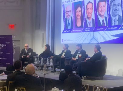 Panelists at the NYU Schack conference’s global capital markets panel held at the Pierre Hotel in Manhattan. 