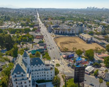 Above the Chateau Marmont on the bottom left, a view of the vacant lot at 8150 Sunset Boulevard.