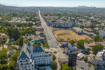 Above the Chateau Marmont on the bottom left, a view of the vacant lot at 8150 Sunset Boulevard.