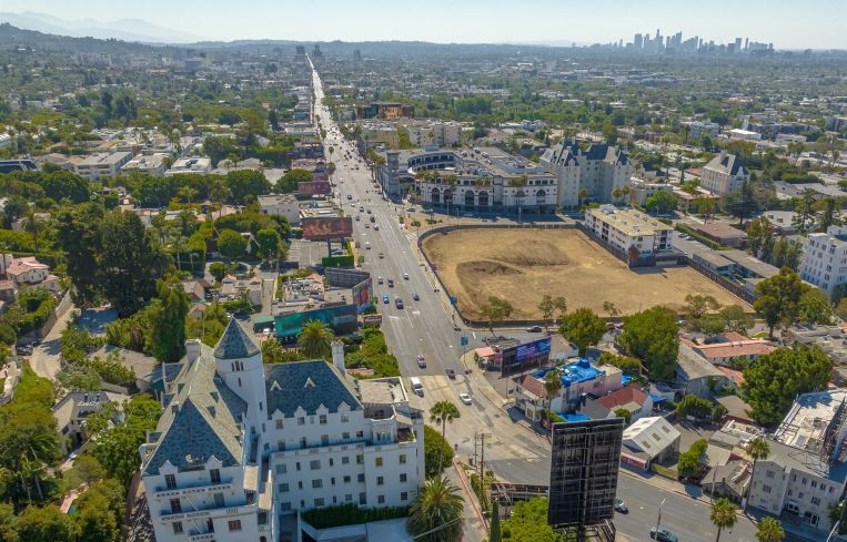 Above the Chateau Marmont on the bottom left, a view of the vacant lot at 8150 Sunset Boulevard.