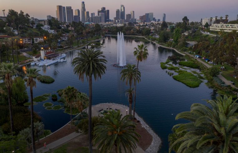 An aerial view shows Echo Lake and Downtown L.A.
