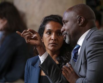 Councilwoman Nithya Raman, left, and Councilman Marqueece Harris-Dawson at a Los Angeles City Council meeting.