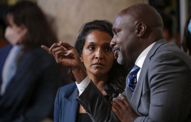 Councilwoman Nithya Raman, left, and Councilman Marqueece Harris-Dawson at a Los Angeles City Council meeting.