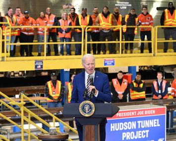 US President Joe Biden speaks about how the Bipartisan Infrastructure Law will provide funding for the Hudson River Tunnel project, at the West Side Rail Yard in New York City on January 31, 2023. (Photo by Mandel NGAN / AFP) (Photo by MANDEL NGAN/AFP via Getty Images)