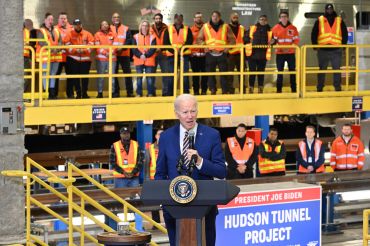 US President Joe Biden speaks about how the Bipartisan Infrastructure Law will provide funding for the Hudson River Tunnel project, at the West Side Rail Yard in New York City on January 31, 2023. (Photo by Mandel NGAN / AFP) (Photo by MANDEL NGAN/AFP via Getty Images)