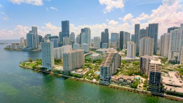 Aerial view of downtown Miami to Brickell Key.