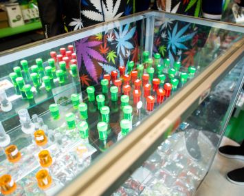 Jars filled with marijuana leaves on display on March 31, 2021, in Midtown New York.