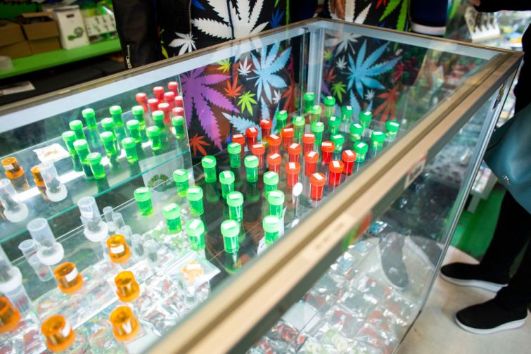 Jars filled with marijuana leaves on display on March 31, 2021, in Midtown New York.