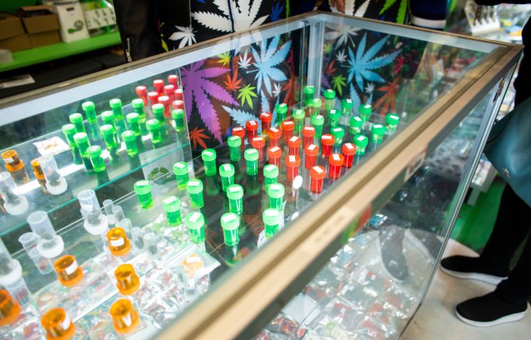 Jars filled with marijuana leaves on display on March 31, 2021, in Midtown New York.