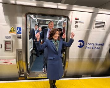 Gov. Hochul at the opening of the Grand Central Madison extension of the Long Island Rail Road on Jan. 25, a week before releasing her proposed budget.