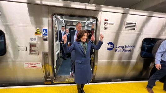 Gov. Hochul at the opening of the Grand Central Madison extension of the Long Island Rail Road on Jan. 25, a week before releasing her proposed budget.
