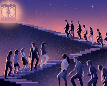 An illustration of people walking up steps to a glowing door.