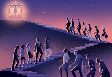 An illustration of people walking up steps to a glowing door.