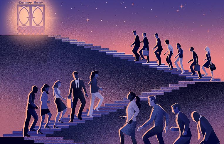 An illustration of people walking up steps to a glowing door.