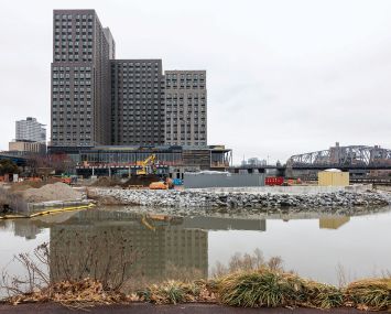 Construction at Pier 5 of the residential development Bronx Point, along with the Universal Hip Hop Museum.