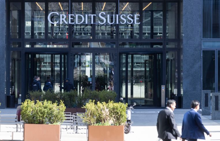 The logo of Swiss bank Credit Suisse is seen the day after its shares dropped approximately 30%, on March 16, 2023 at its Oerlikon office building in Zurich, Switzerland.