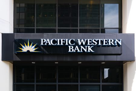 Pacific Western Bank in Century City. The Los Angeles-based regional bank is reportedly exploring a sale after swift stock price declines.
