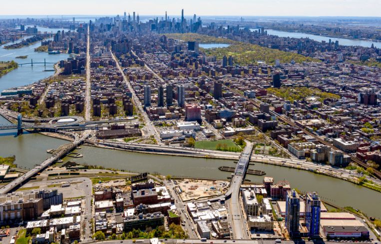 An aerial view of the South Bronx and Harlem on April 28, 2020 in New York City.