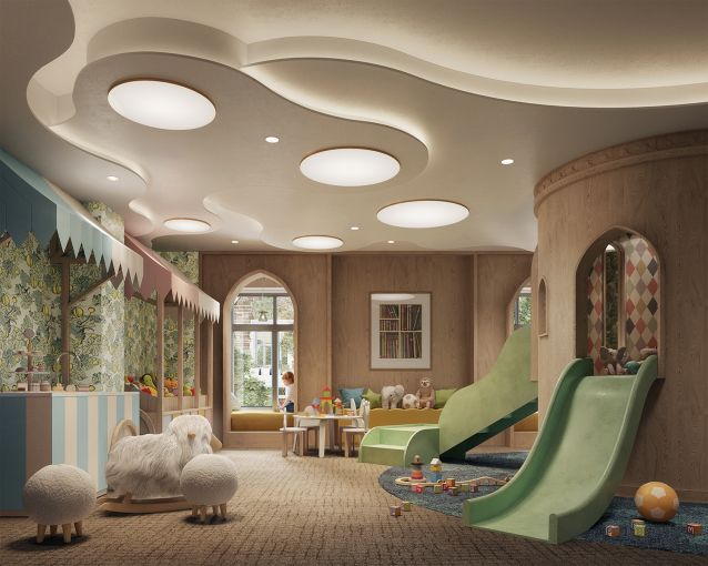 CetraRuddy was responsible for many of the building's amenity spaces, including the refectory pool, this children's play room, various lounges, and a gym.