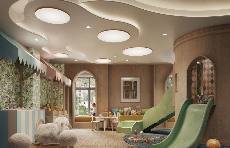 CetraRuddy was responsible for many of the building's amenity spaces, including the refectory pool, this children's play room, various lounges, and a gym.