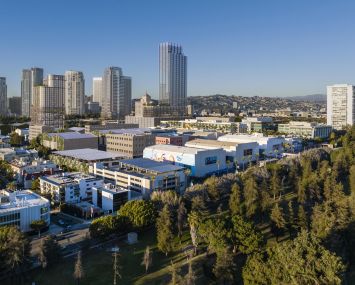 Rendering show Fox Corporation's plan to build a 42-story office tower along Avenue of the Stars, a 24-story office on Olympic Boulevard, and nine new soundstages.