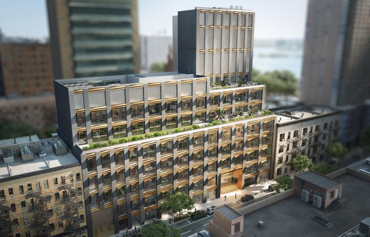 The project includes lab infrastructure, double-height research space, multiple loading bays and several outdoor terraces.