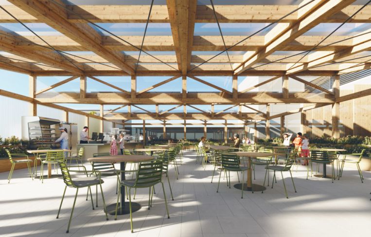 An outdoor cafeteria on the top floor.